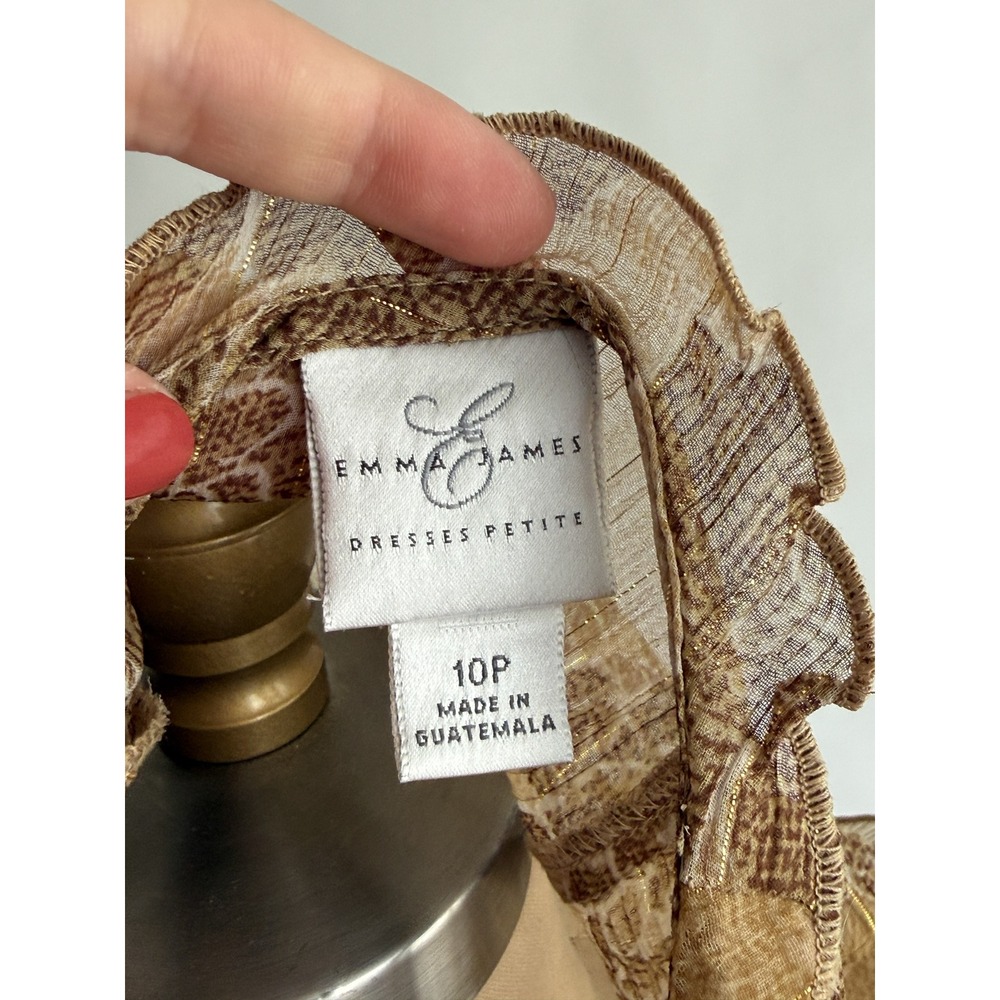 Vintage Boho Emma James Floral Midi Dress 10P Tan Gold Metallic Ruffle Chiffon‎ - Picture 7 of 7